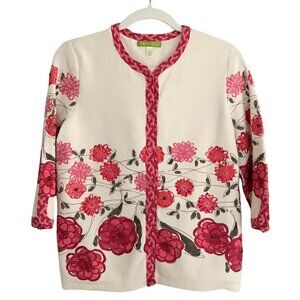 Sigrid Olsen Embroidered Bohemian Beaded Floral Cardigan Pink Cream Size Small